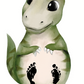 Süßes personalisiertes Dino-Motiv mit Babyfußabdrücken und Freusel-Logo. 