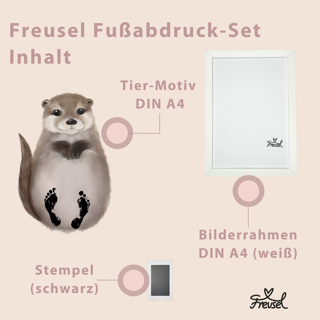 Freusel-Fußabdruck Geschenkset-Inhalte bestehend aus Tiermotiv, hier Babyotter, Bilderrahmen DIN A4 in Weiß und Stempel in Schwarz.