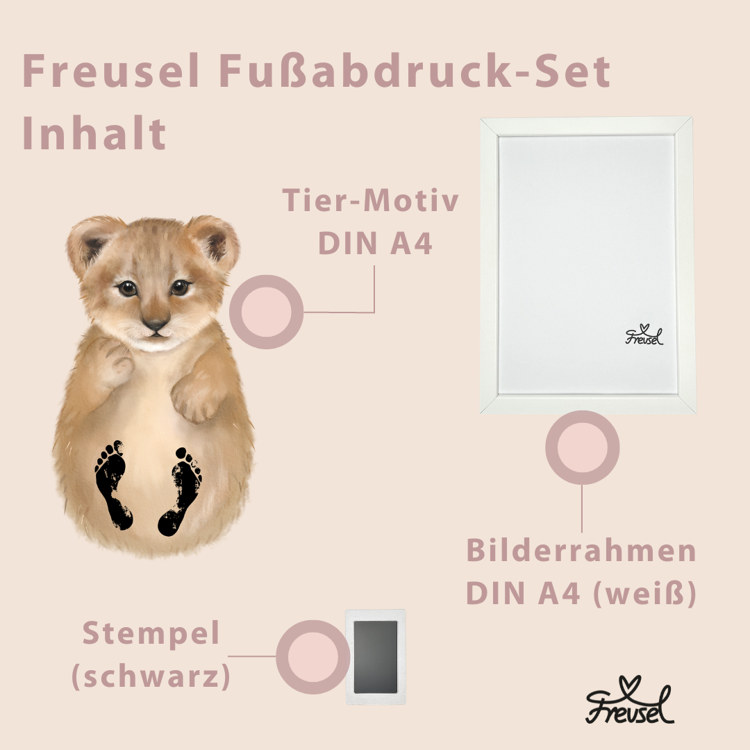 Freusel-Fußabdruck Geschenkset-Inhalte bestehend aus Tiermotiv, hier Löwe, Bilderrahmen DIN A4 in Weiß und Stempel in Schwarz.