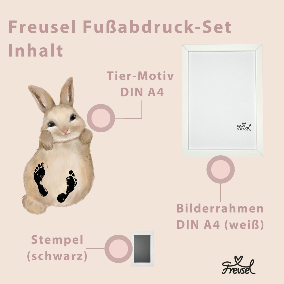 Freusel-Fußabdruck Geschenkset-Inhalte bestehend aus Tiermotiv, hier Hase, Bilderrahmen DIN A4 in Weiß und Stempel in Schwarz.