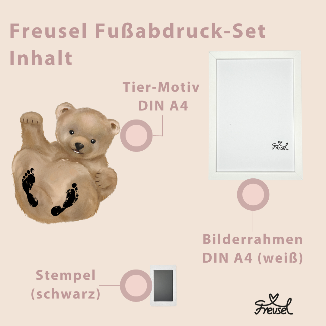 Freusel-Fußabdruck Geschenkset-Inhalte bestehend aus Tiermotiv, hier Bär, Bilderrahmen DIN A4 in Weiß und Stempel in Schwarz.