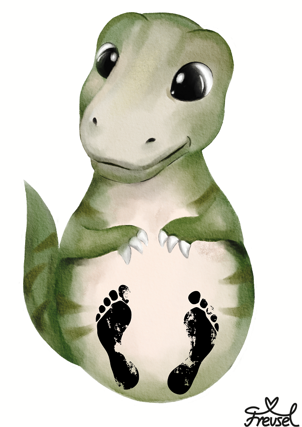 Süßes personalisiertes Dino-Motiv mit Babyfußabdrücken und Freusel-Logo. 