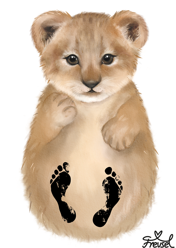 Süßes personalisiertes Löwen-Motiv mit Babyfußabdrücken und Freusel-Logo. 